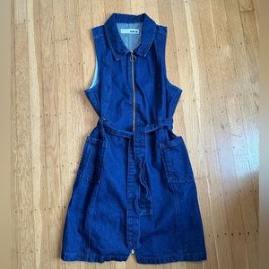 Topshop Denim Belted mini Dress with color in Dark Wash